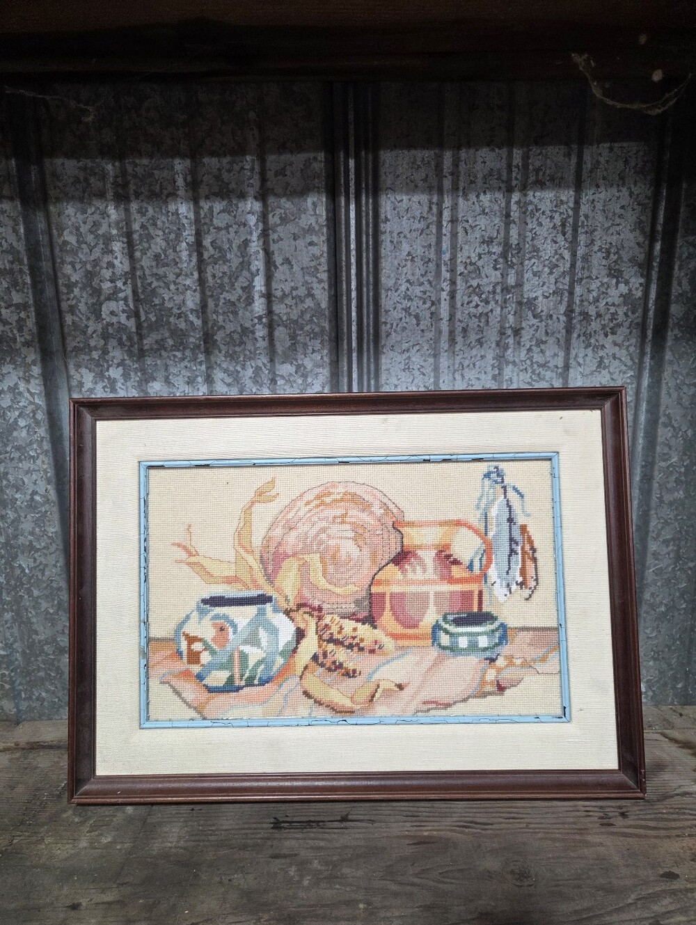 Vintage Framed Southwestern Art Completed Needlepoint Still Life